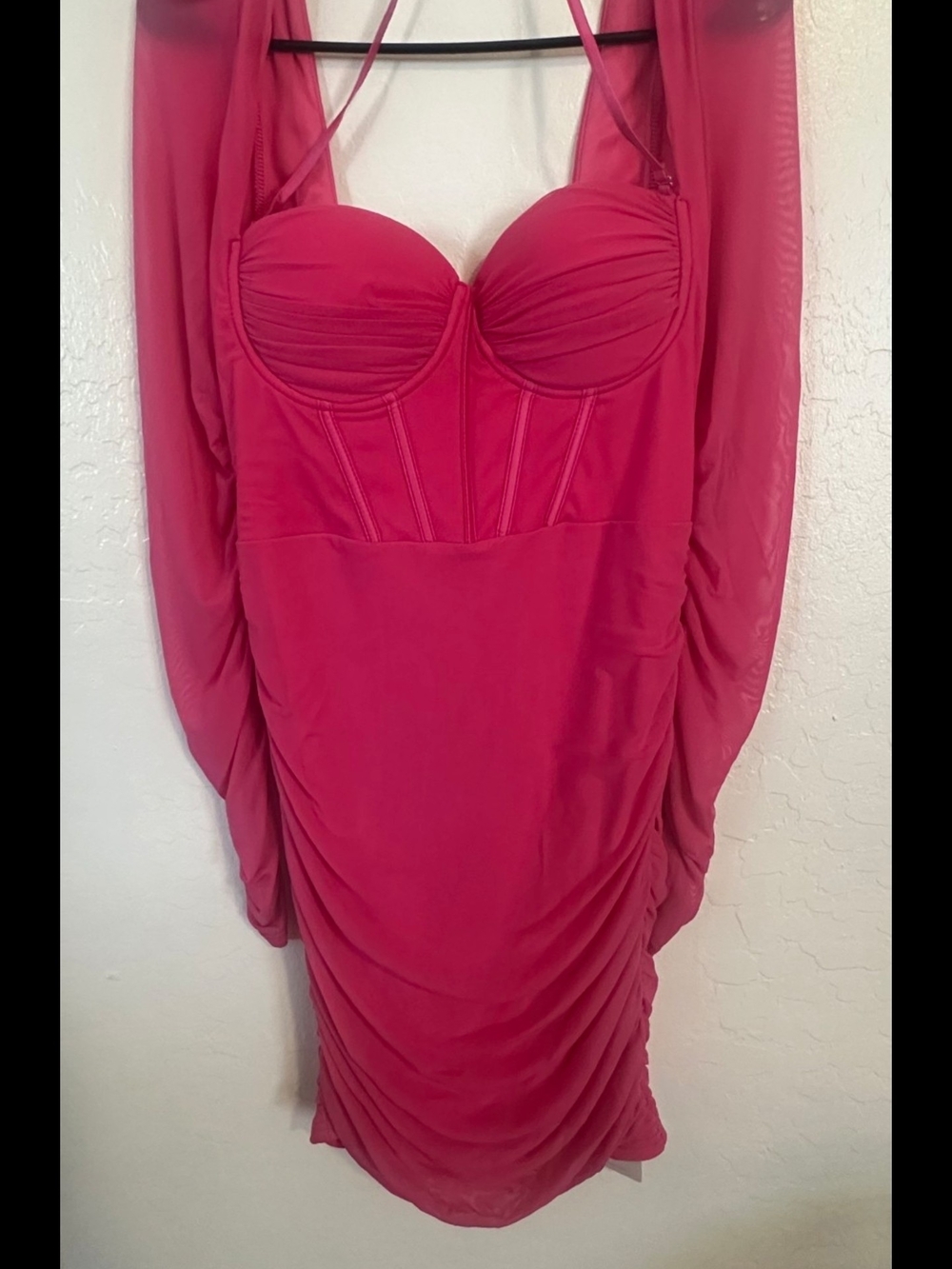 Hot Pink Ruched Bustier Mini Dress with Draped Sleeves